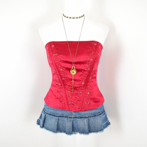 VTG 90s Y2K New Image Red Satin Floral Embroidered Sequins Beaded Bustier Sz 6 - Picture 1 of 8
